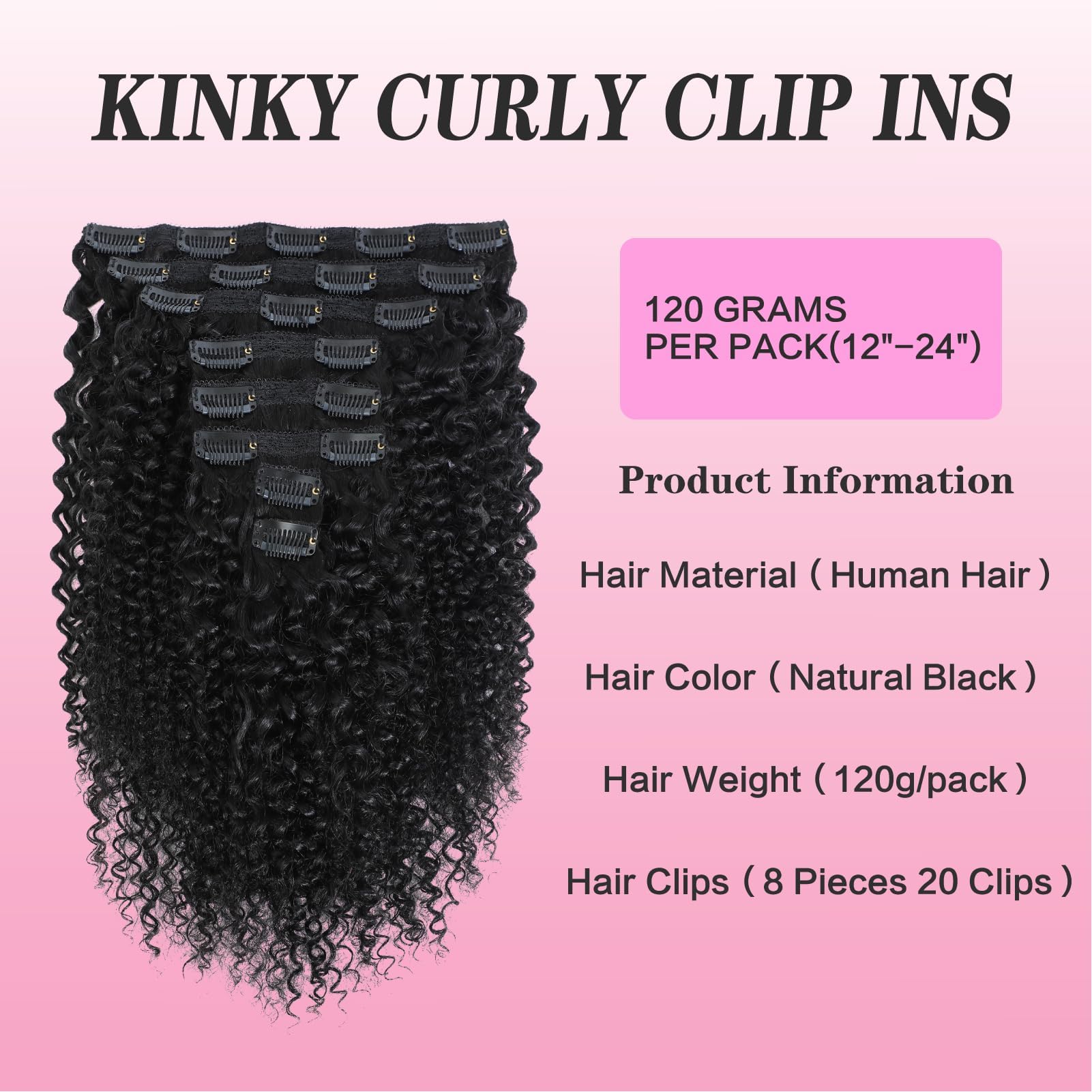 Yacurcur Kinky Curly Clip In Human Hair for Women Brazilian Remy Human Hair Virgin Hair 3C 4A Kinky Curly Clip Ins Hair Extensions 8 Pcs Natural Black (14 Inch) - Image 2