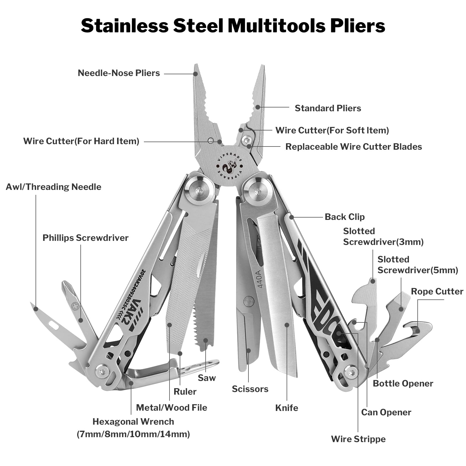 VIPERADE VAK2 EDC Multitool, Pince multifonction 20 en 1 en acier inoxydable, Couteau de poche avec verrouillage automatique, Multitools pliables et robustes avec ciseaux pour randonnée, camping