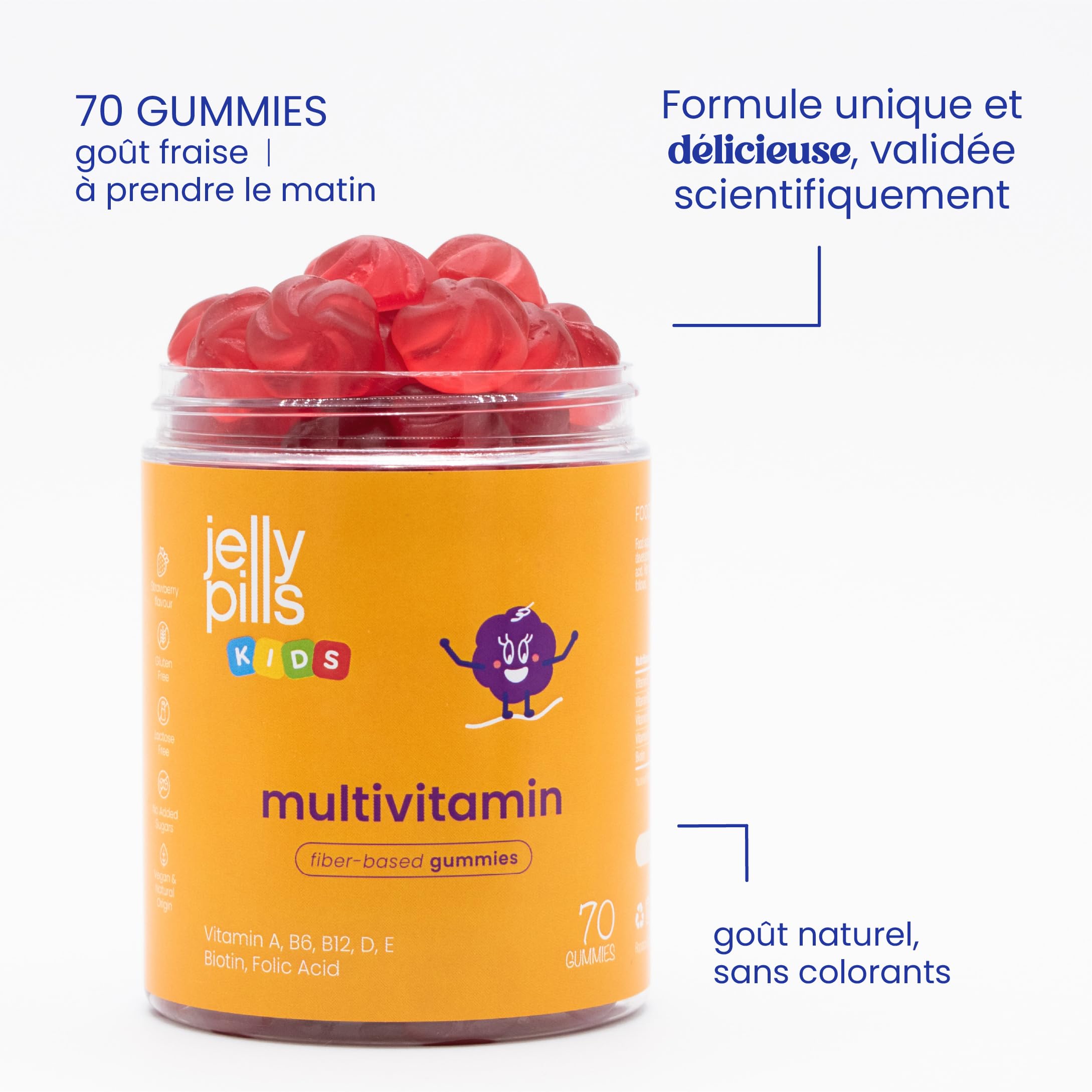 Jelly Pills Gummies Multivitaminées & Minéraux pour Enfants – 70 Gummies Véganes – Sans Sucres Ajoutés – Goût Fraise – A, B, C, D, E, Zinc, Biotine & Acide Folique