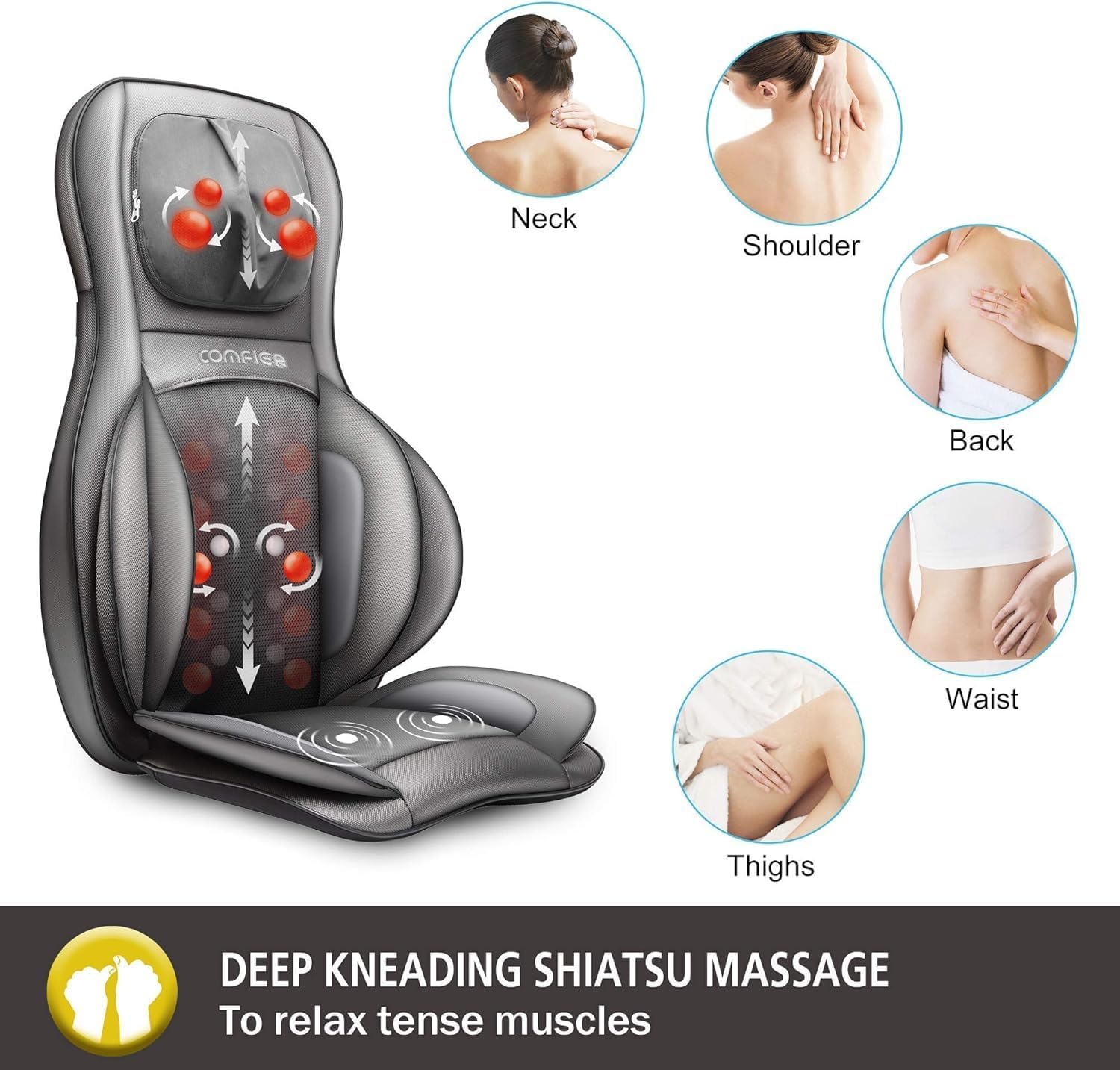 COMFIER Massager Chair with Heat, Shiatsu Neck Back Massager Portable with Compress & Rolling,Massage Chair Pad for Full Back,for Dad Mom Women Men