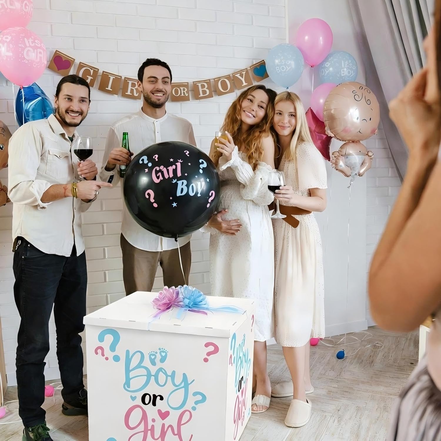 AmazingSpark 28in Jumbo Gender Reveal Gift Box Kit with Oversized Box Giant Pull Bows Boy or Girl Stickers for Gender Reveal Baby Shower Birthday Party Decor