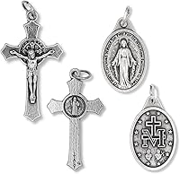 Vista 2 de Caritas et Fides Collar católico con crucifijo de San Benito y medalla milagrosa, hipoalergénico en cadena de bola de 24 pulgadas, collar católico