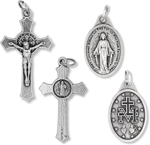Miniatura 2 de Caritas et Fides Collar católico de crucifijo de San Benito y medalla milagrosa en cadena de bola de acero inoxidable de 24 pulgadas cadena católica