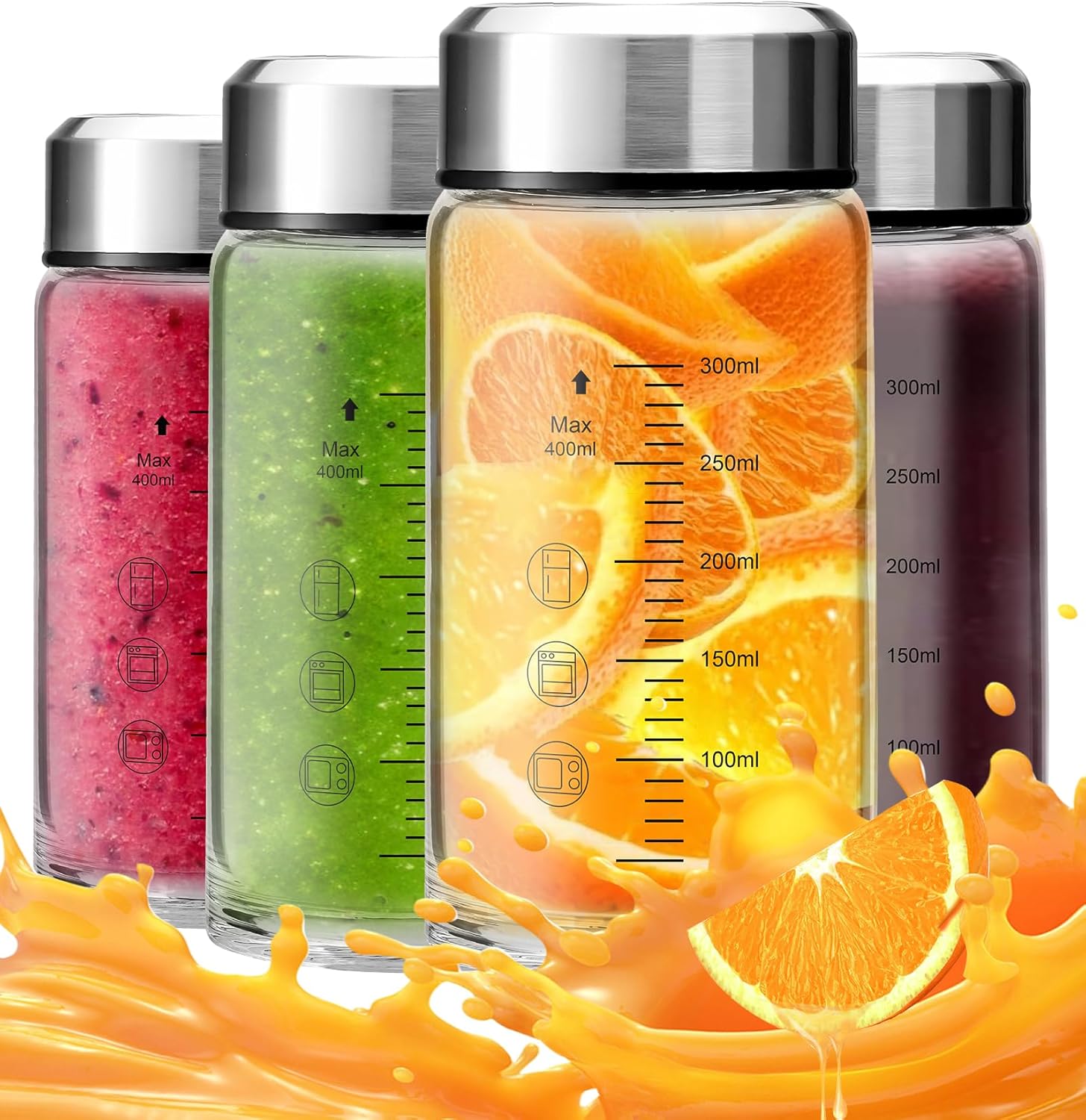 12oz Glass Juice Bottles with Lids 4-Pack, Wide Mouth Reusable Water Bottles for Juicing, Smoothies, Infused Water – Leakproof BPA Free Premium Clear Glass & Stainless Steel Lids, Fridge Safe