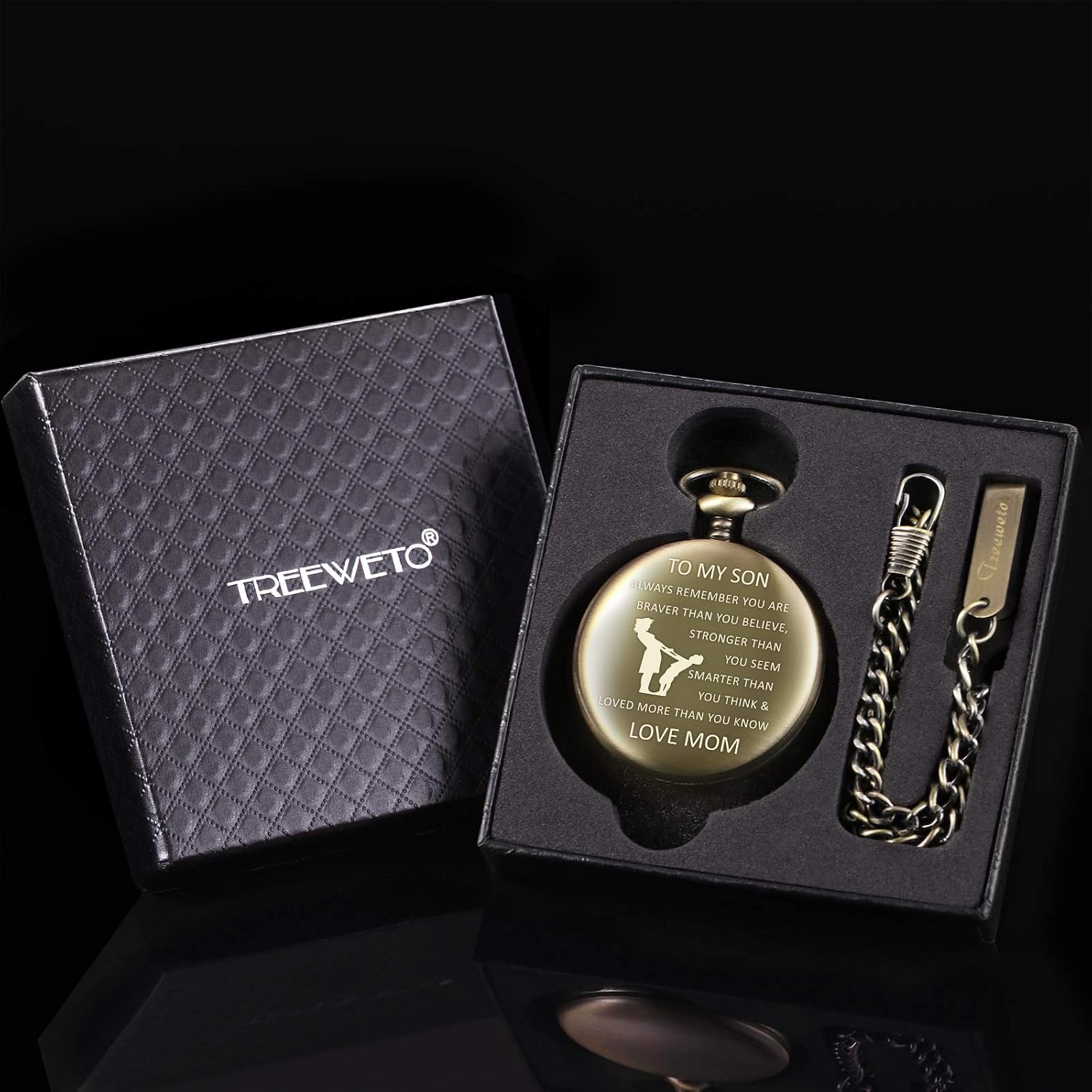 TREEWETO Pocket Watch Personalized Engraved MOM to Son for Christmas, Valentines Day, Birthday Quartz with Fob Chain