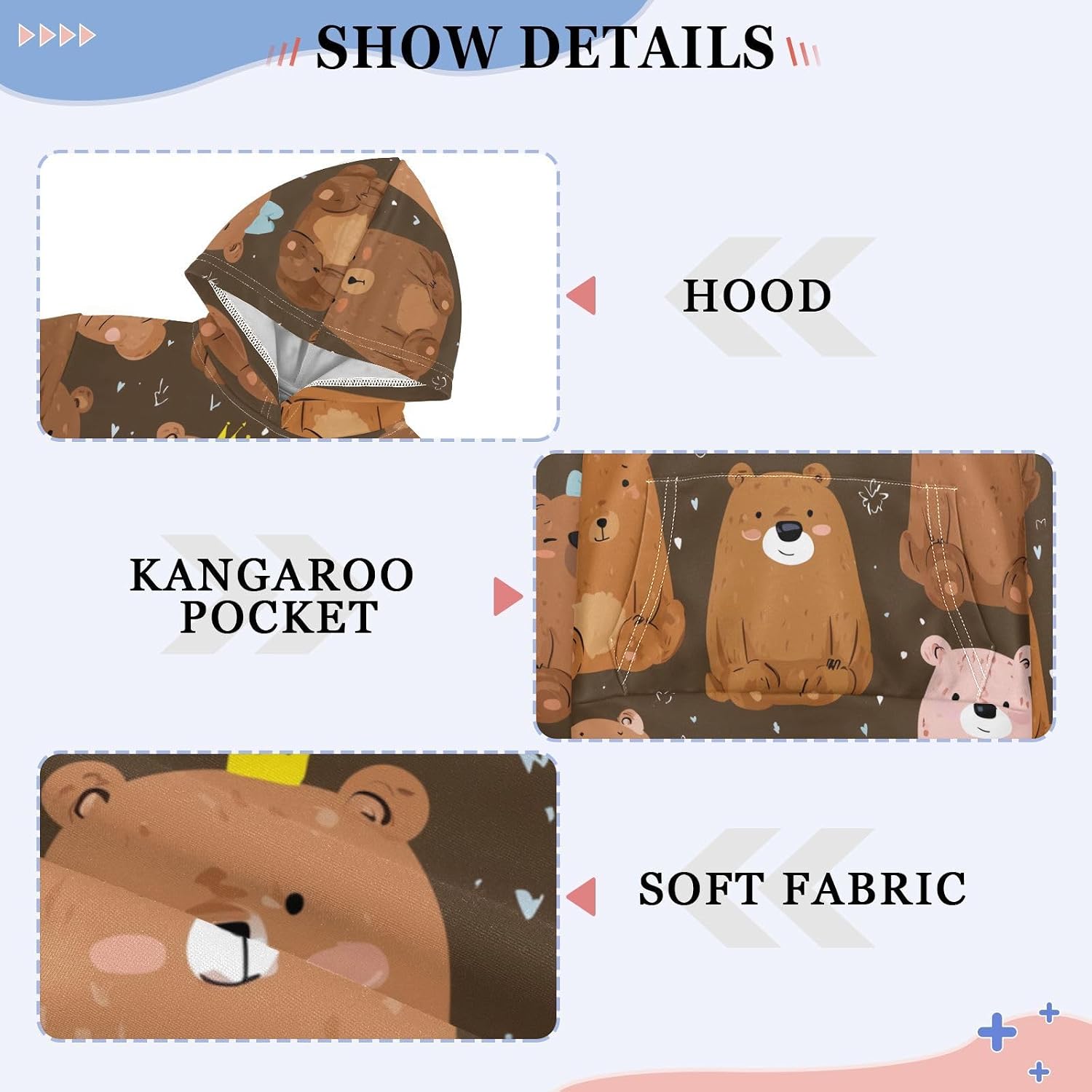 ZZXXB Cartoon Bears Kids Sweatshirts Boys Girls Hooded Kangaroo Pocket Pullover Tops XS-XXL
