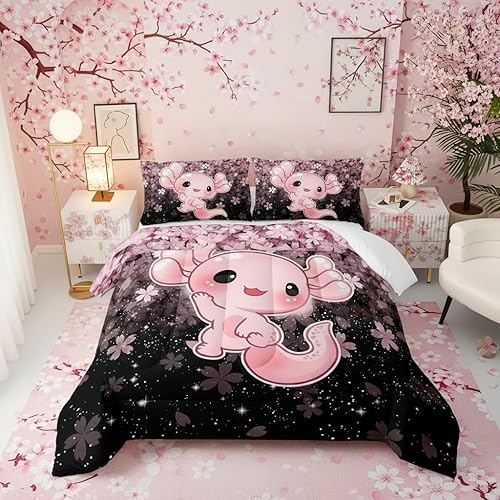 QOOMO Kawaii Axolotl Bedding Set Pink Cherry Blossom for Boys