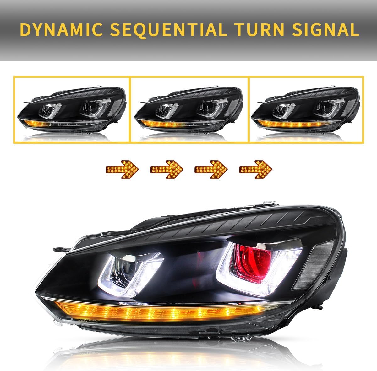 VLAND Projector LED Headlights Assembly for Golf 6 2010 2011 2012 2013 2014, with Sequential Turn Signal, Dual Beam Lens, Red Demon Eyes