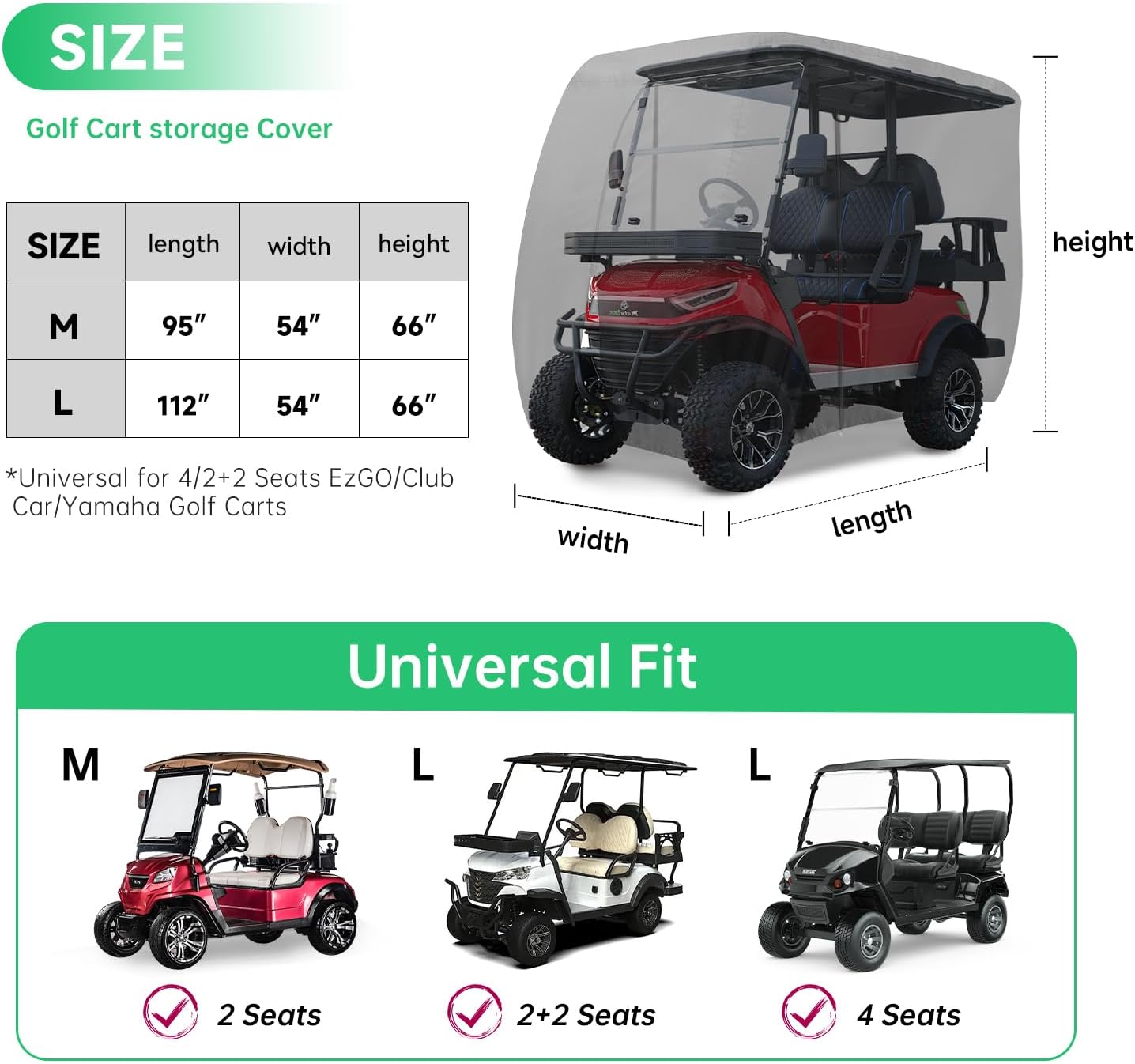 2/4/4+2 Passenger Golf Cart Cover Fits for Yamaha EZGO Club Car, 420D Waterproof Durable Polyester Golf Cart Cover with Three Zipper Doors Windproof Sunproof