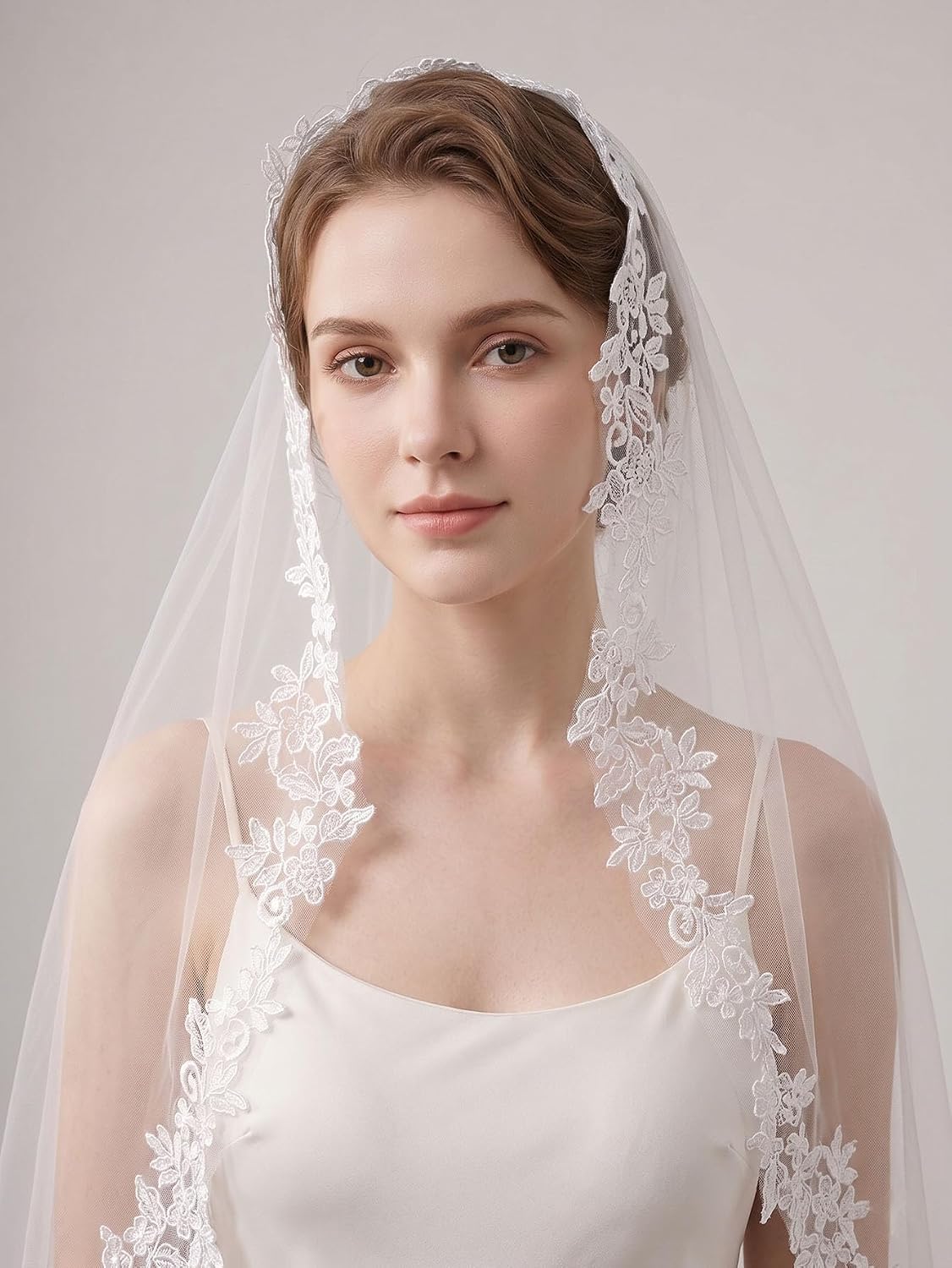 Cathedral Mantilla Wedding Veil Full Lace Edge Bridal Veil with Comb for Bride Ivory