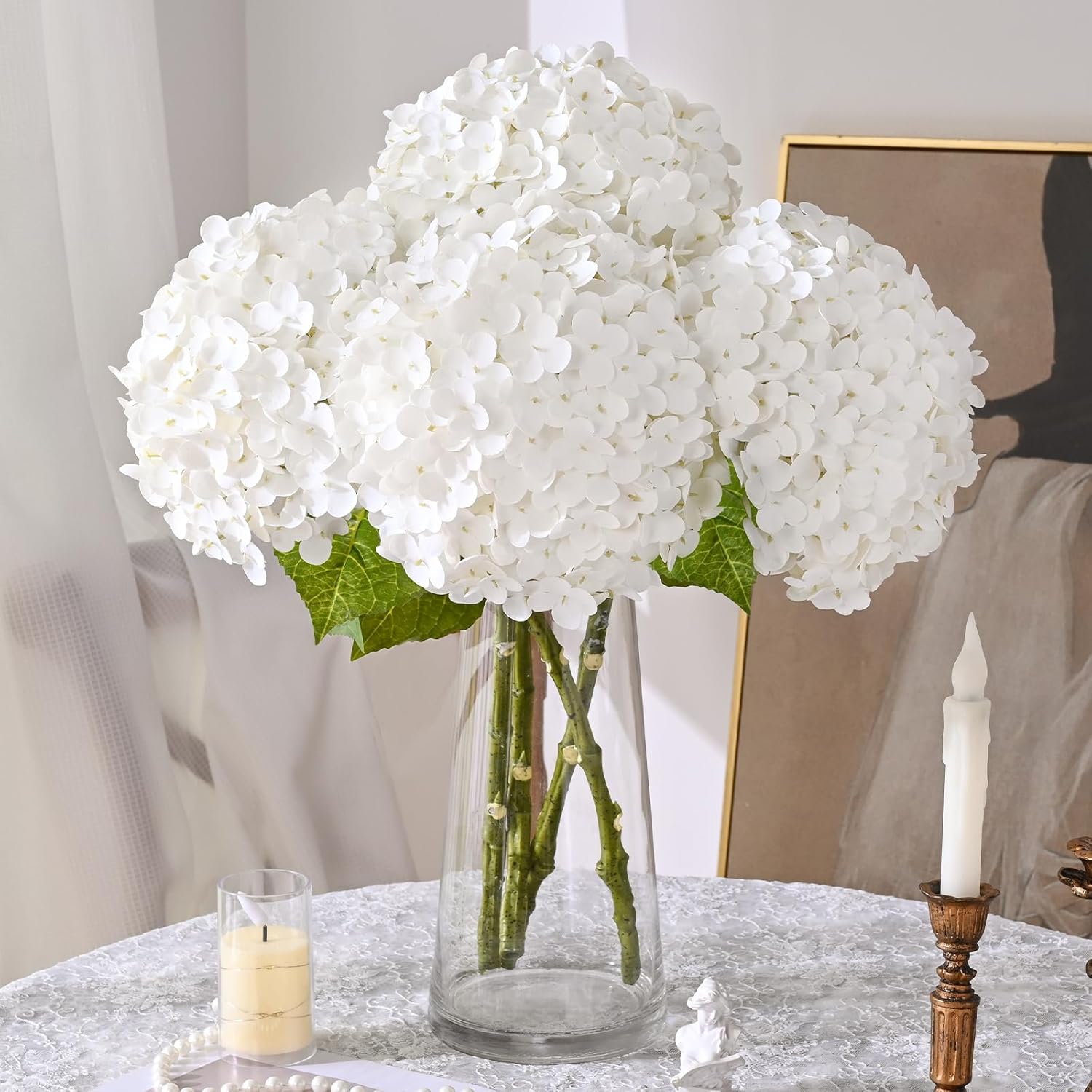 Livole 4 Pcs White Hydrangea Artificial Flowers Latex Real Touch Hydrangea, 21 inch 252 Petals Fake Faux Hydrangeas Flowers for Party Wedding Bouquets Table Centerpieces Floral Arrangements Home Decor