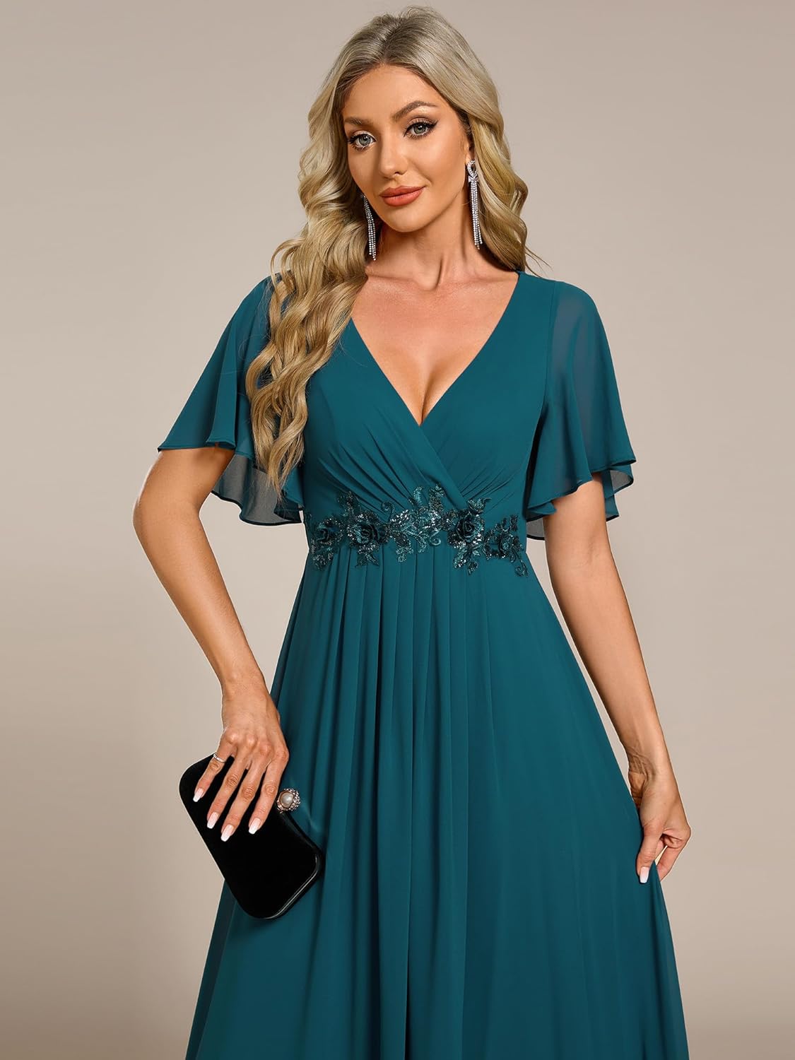 Ever-Pretty Women's Chiffon V-Neck Mother of Bride Dresses A-Line Ruched Short Sleeves Appliques Bridesmaid Dress Formal Gown - Image 5