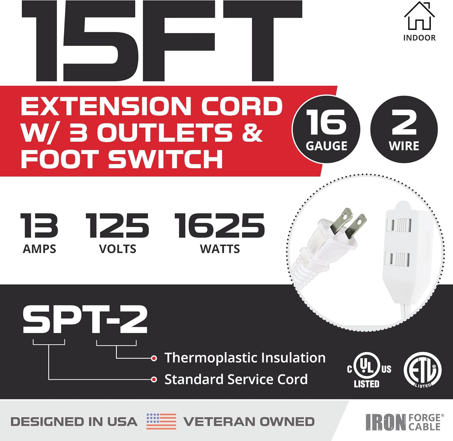 Iron Forge Cable Beige Outdoor Extension Cord 50 ft, 16/3 13 Amp SJTW Heavy Duty Power Weatherproof Cable & 15 Ft Extension Cord with Foot Switch and 3 Electrical Outlet - 16/2 Durable White Foot Tap