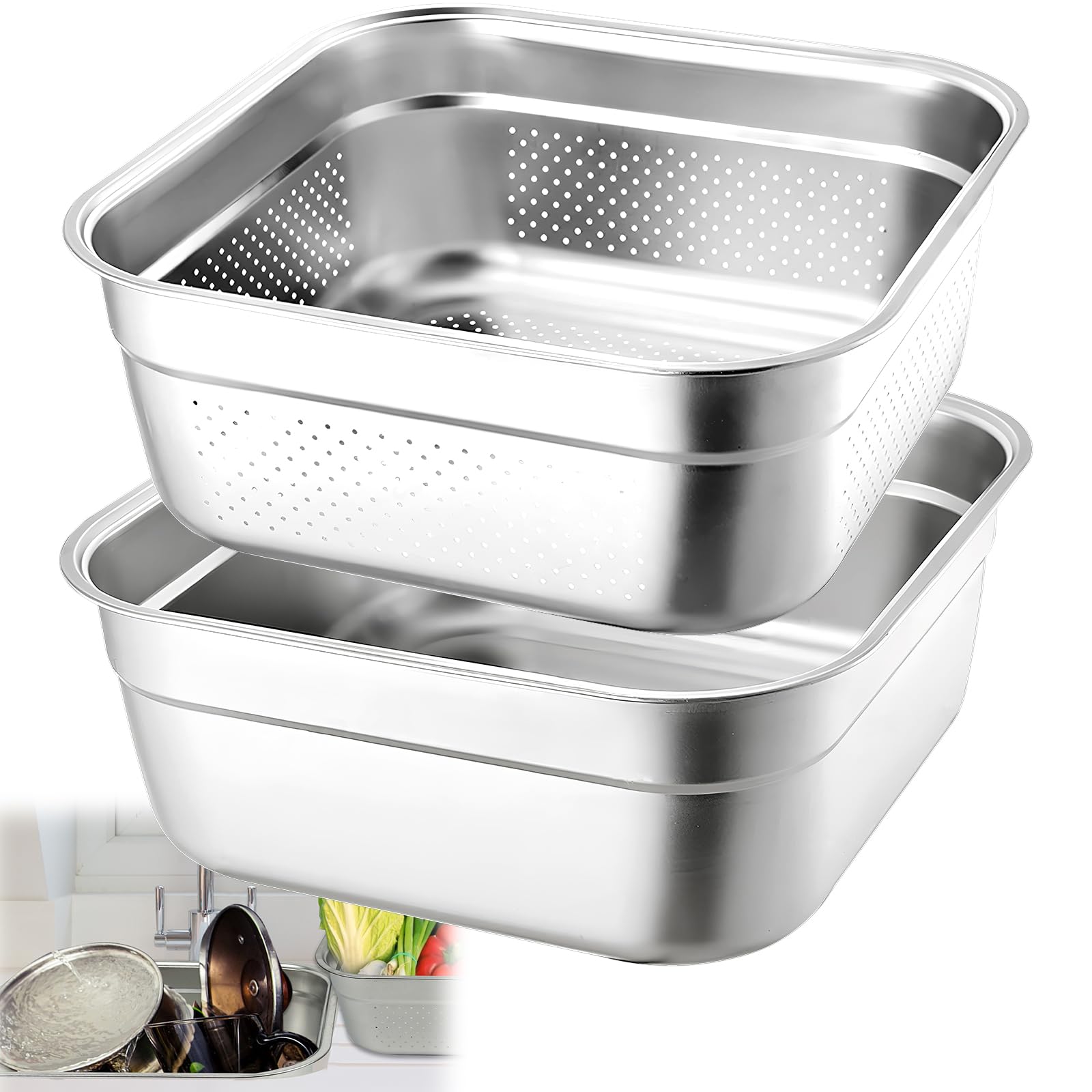 2-in-1 Stainless Steel Washing Up Bowl Set, 12.8