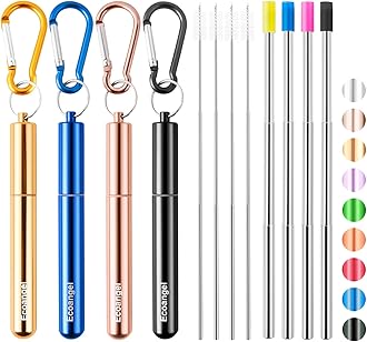 Cruise Ship Essentials,4-Pack reusable Collapsible Stainless Steel Drinking Straws with Aluminum Case,Cleaning Brush,and Keychains （Black & rose gold & blue & gold）