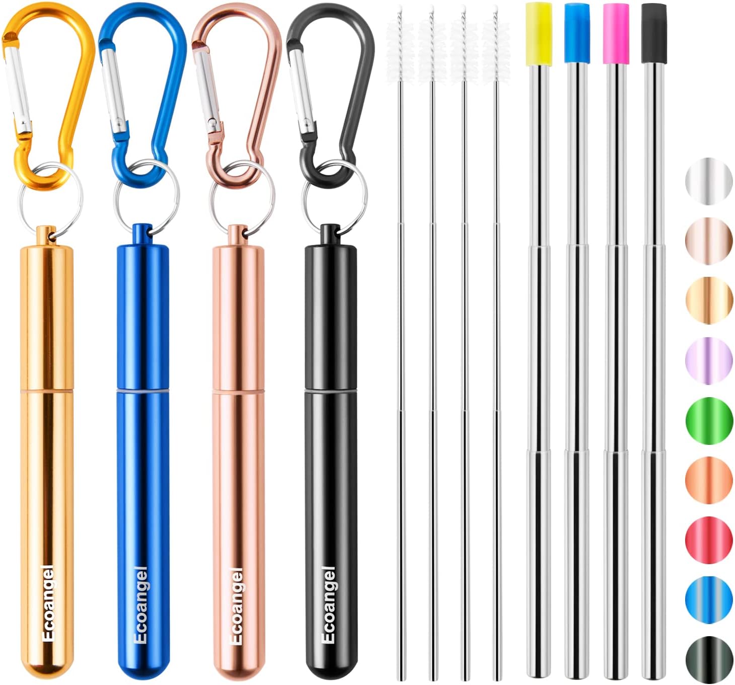 4 Pack Portable Reusable Metal Straw Collapsible Stainless Steel Drinking Straw Telescopic Straw to Drink Water Smoothie with Aluminum Key-chain Case & Cleaning Brush （Black & rose gold & blue & gold）
