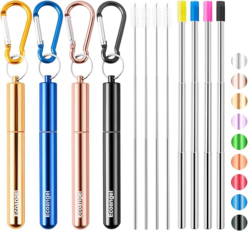 Cruise Ship Essentials, paquete de 4 popotes plegables reutilizables de acero inoxidable con estuche de aluminio, cepillo de limpieza y llaveros