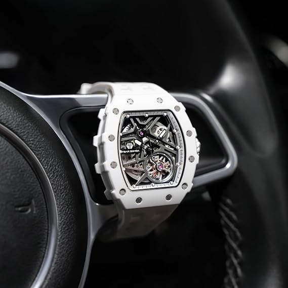 TSAR BOMBA Men's Automatic Watch Mechanical Tonneau Luxury Skeleton Watches for Men 50M Waterproof Analogue Work Mens Wrist Watch Unique Cool Design Square Silver Big Face Wristwatch Silicone Strap