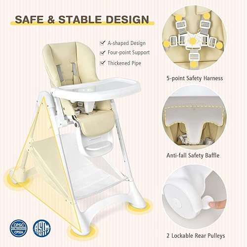 Miniatura 2 de BABY JOY Silla alta para bebés y niños pequeños, trona plegable rápida con 2 ruedas con bloqueo, canasta de almacenamiento grande, bandejas dobles