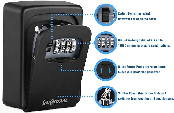 Key Safe Wall Mounted, Enhanced Security 4-Digit Combination Key Lock Box Outdoor, 500g Heavy Duty Full Zinc Aluminium Alloy Waterproof Key Cabinet for Home Garage Office & Keycards