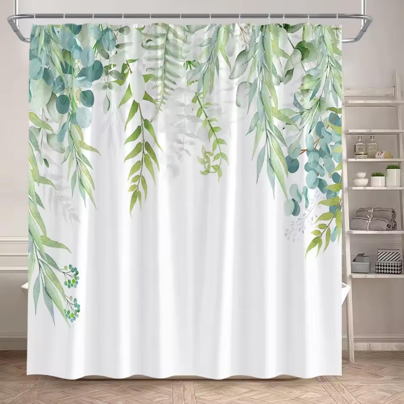 Rideau douche vert sauge botanique feuille d'eucalyptus aquarelle 160x183