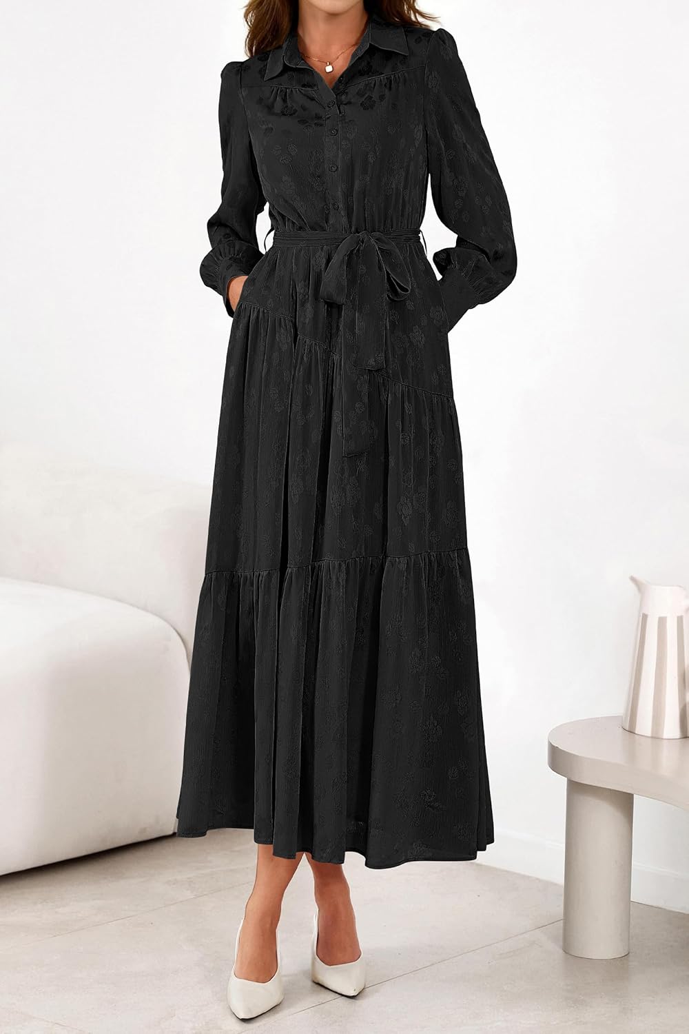 dowerme Women's Casual Dresses 2025 Fall Fashion Long Sleeve Button Up Floral Print Belted Tiered Boho Maxi Party Dress - Image 7