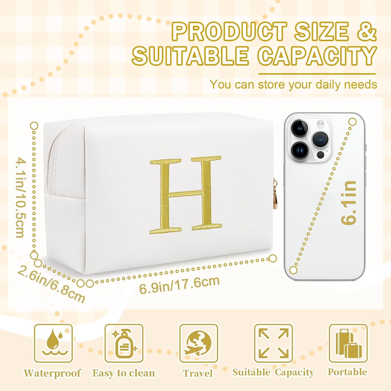 Personalized Gift Initial Makeup Bag,Preppy Gold Embroidered Letter Cosmetic Bag Stocking Stuffers for Teen Girls,Small Travel Toiletry Bag,Custom Christmas Birthday Gift for Women Mom Kids(White-H) image 2