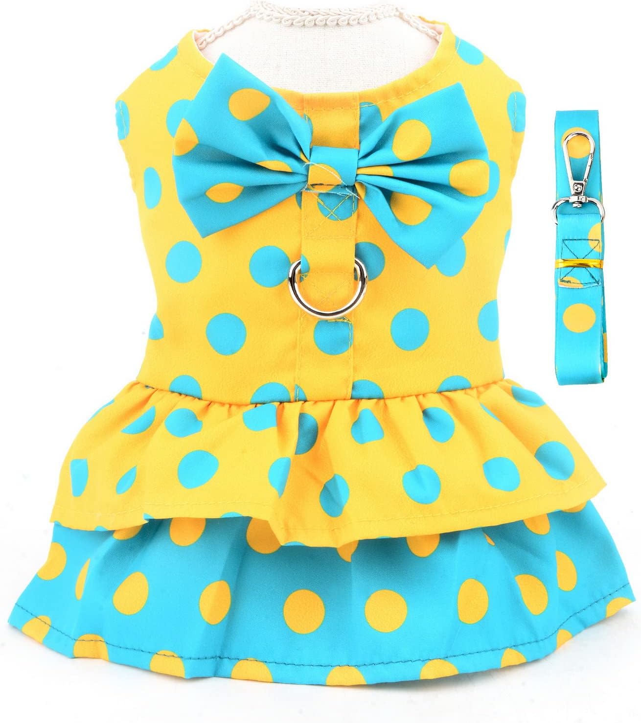 SMALLLEE_LUCKY_STORE Polka Dot Harness Dress for Small Dogs, Yellow, S | Soft Fabric, D-Ring Leash Use, Summer Walks, Chihuahua, Yorkie, Cats,Small Breed, Princess Dress With Bow