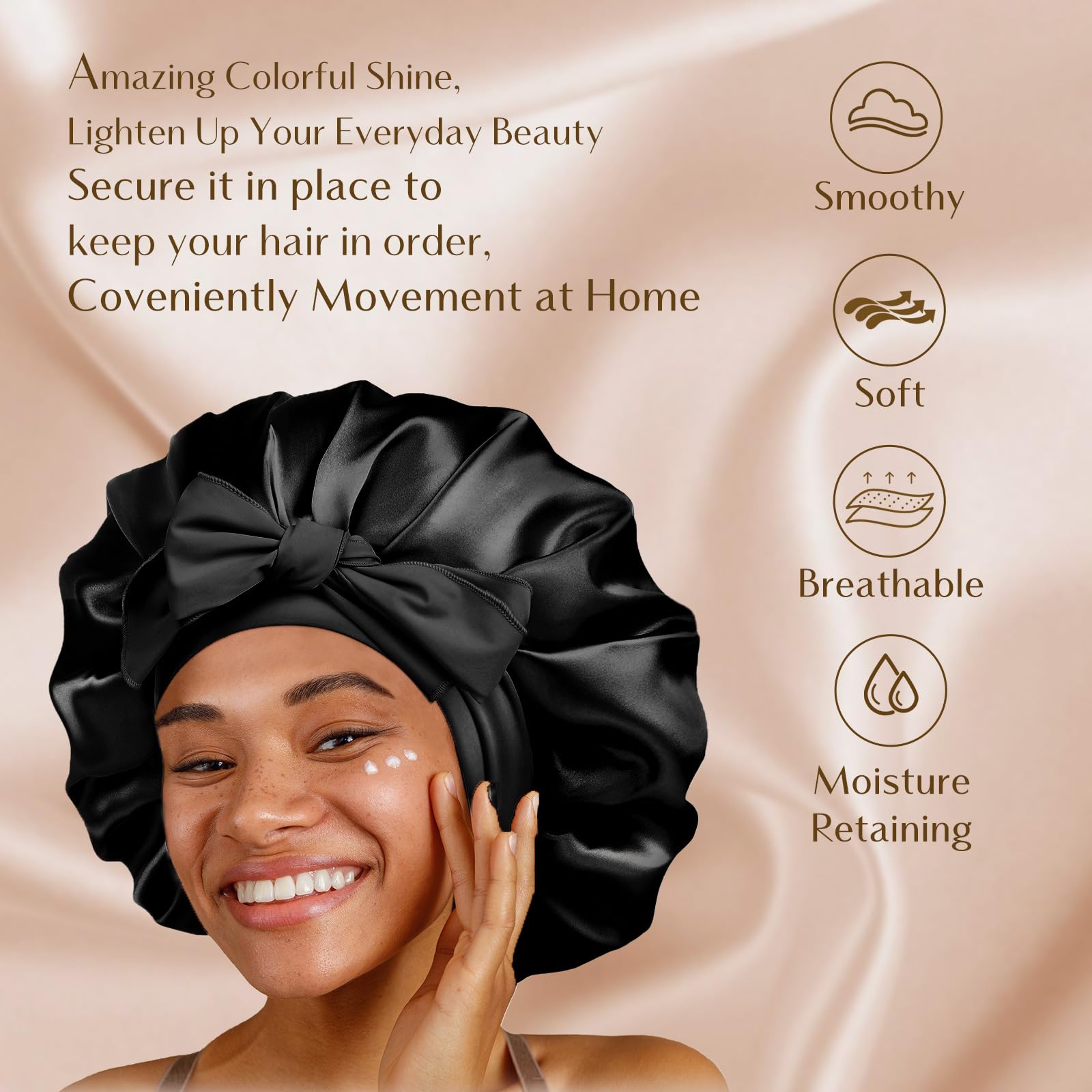 YANIBEST Silk Bonnet for Sleeping Women Satin Bonnet Double Layer Satin Lined Hair Bonnet with Tie Band Curly Hair Black - Image 3
