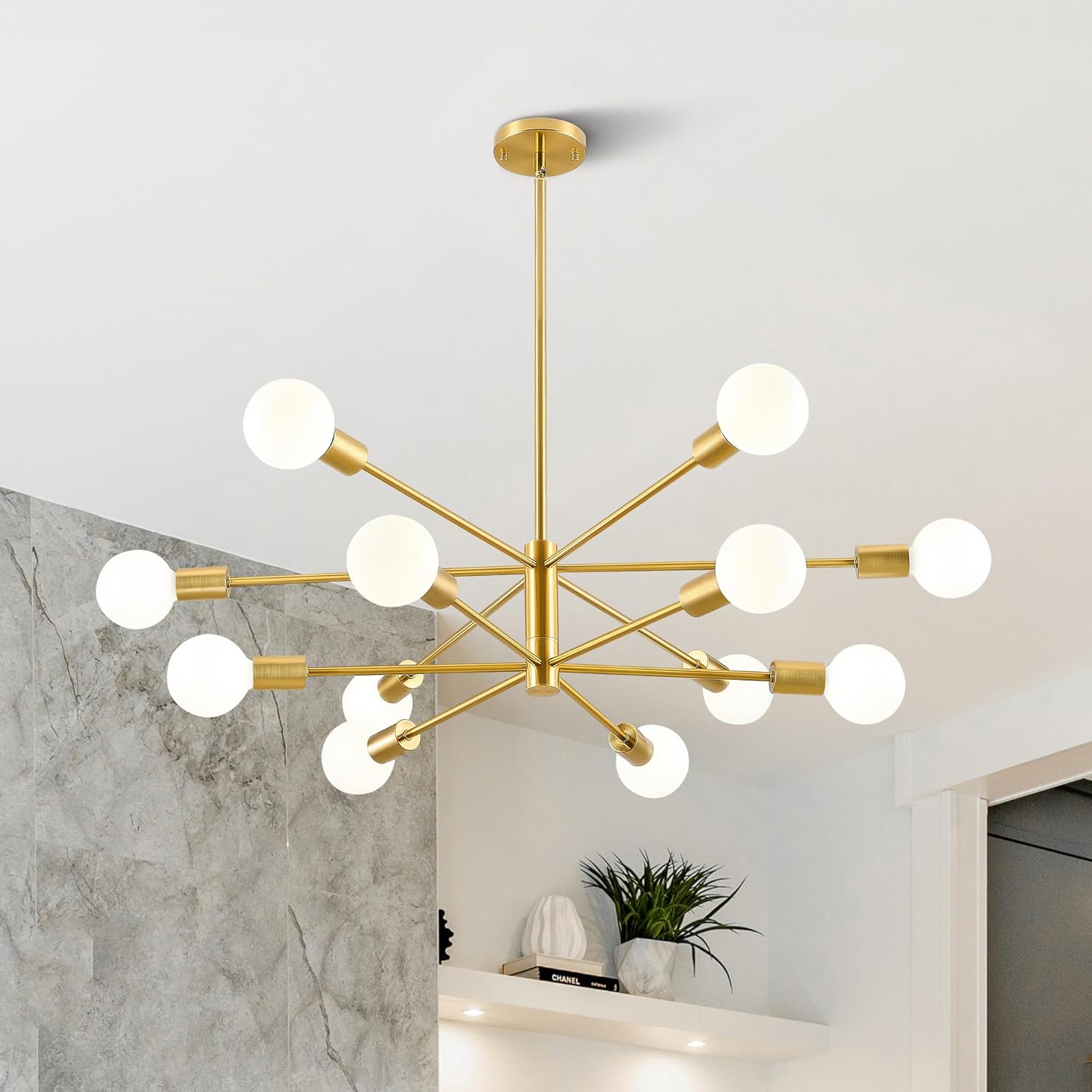 VONLUCE 12-Light Sputnik Chandelier, Gold Chandelier for Dining Room, Height Adjustable Modern Chandelier Over Table for Living Room Kitchen Island, Sputnik Ceiling Light Fixture with E26 Sockets