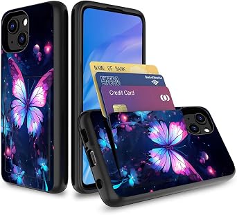 for iPhone 13 Case with Card Holder,Shockproof Armor Silicone Hybrid Rugged Protective Wallet Cover Case for iPhone 13,Butterfly and Flowers