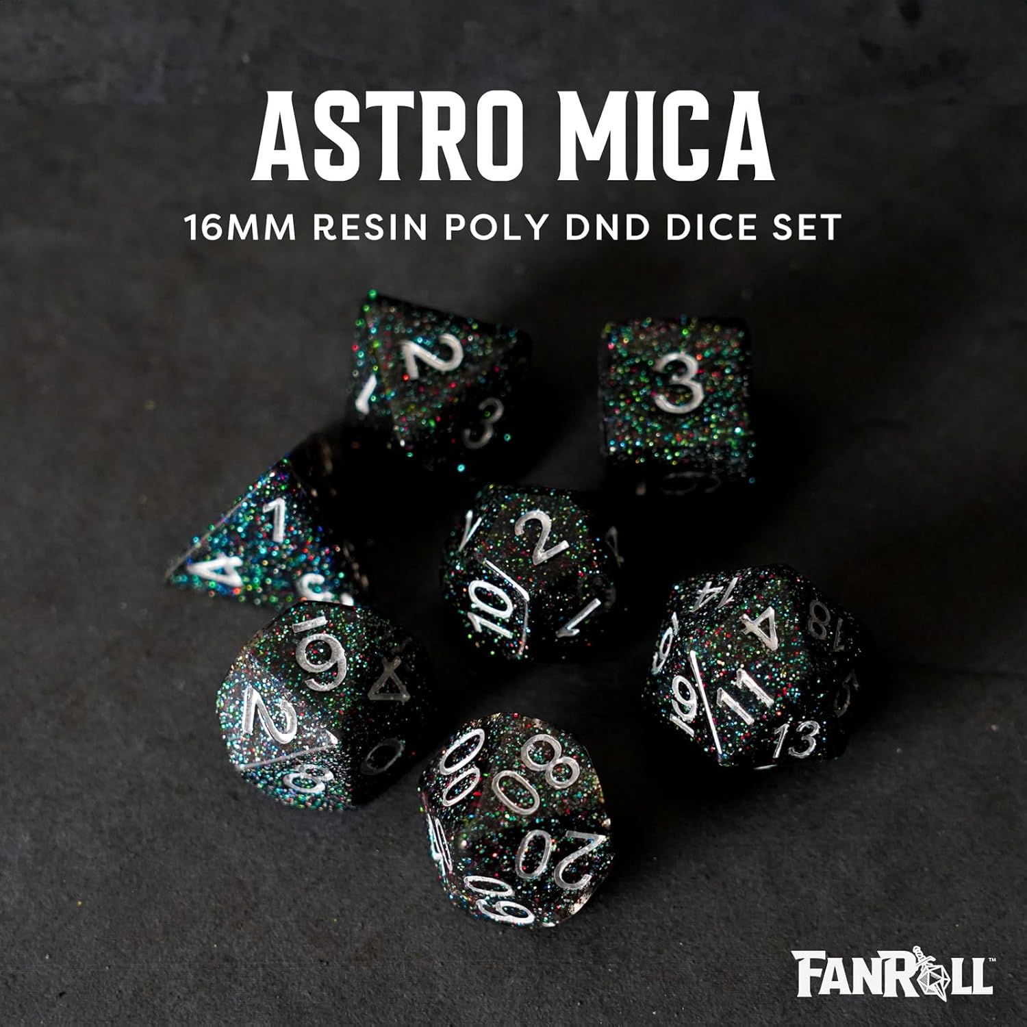 FanRoll 16mm Resin Poly DND Dice Set: Astro Mica, Role Playing Game Dice for Dungeons and Dragons