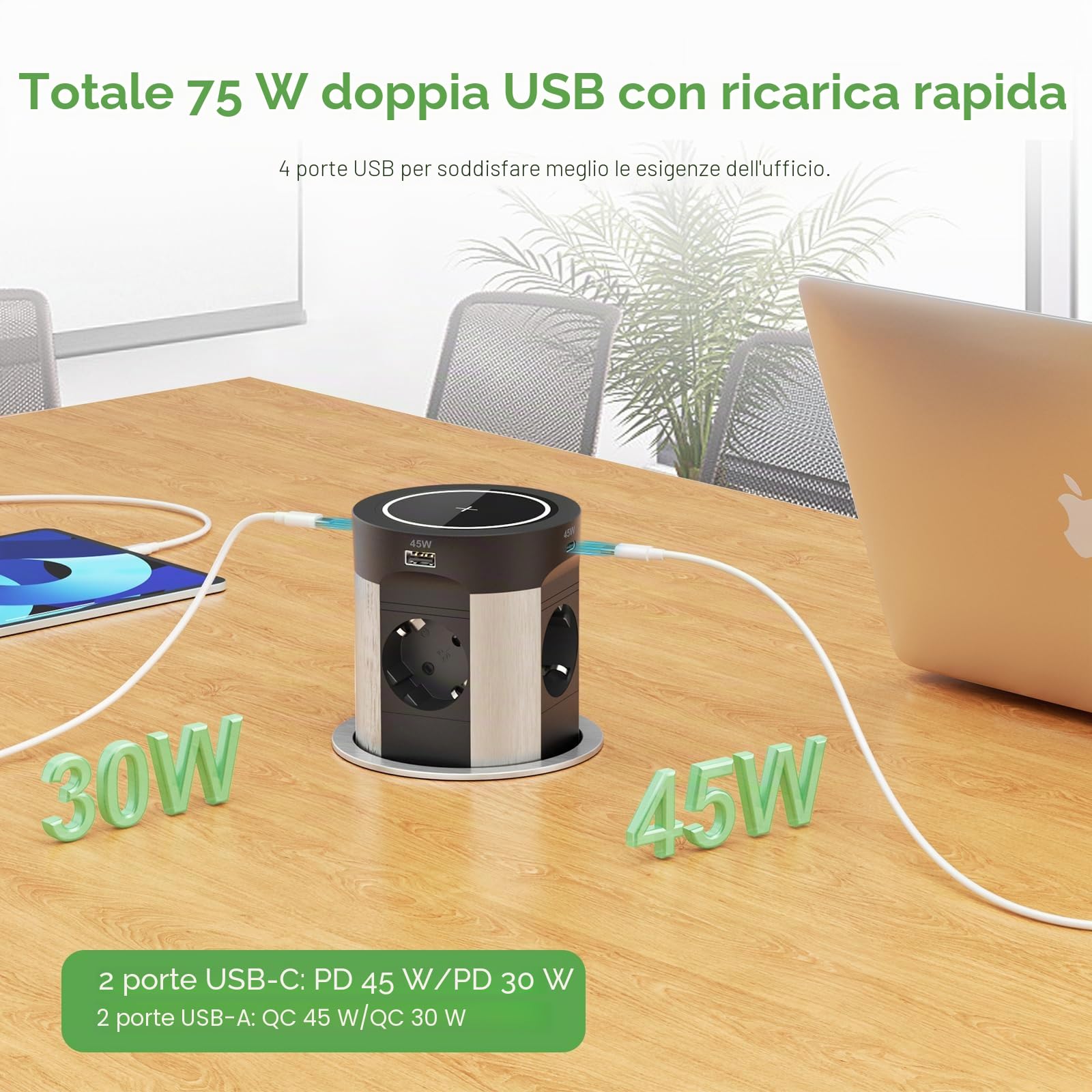 Presa a scomparsa con USB C PD 75W, presa da incasso con caricabatterie wireless da 15W, presa da tavolo a 4 prese a scomparsa per piano di lavoro in cucina, cavo da 1,8 m, Nero