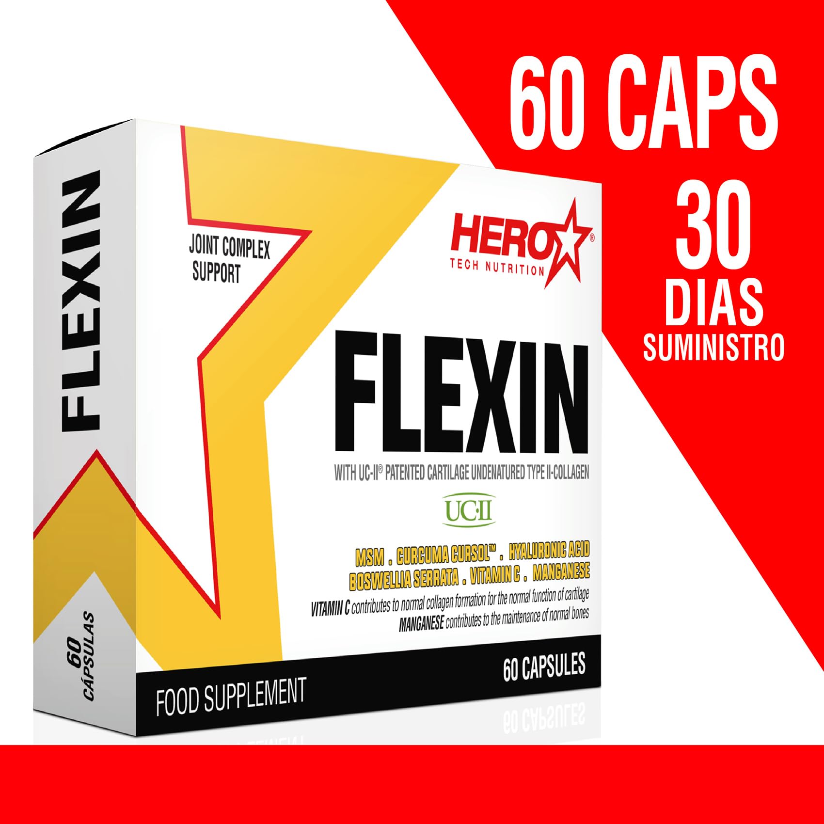 HERO TECH | FLEXIN 60 caps. | Apoyo a la Salud de Articulaciones | Con Colágeno, Cartílago y MSM | 7 ingredientes activos para mejorar la salud articular y regenerar el tejido conectivo | Sin OGM