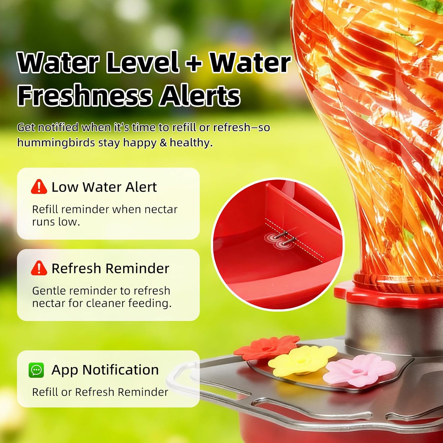 Hand-Blown Glass Smart Hummingbird Feeder with Camera, Solar Powered 2K HD Live View, AI Bird ID & Motion Alerts, Nectar Monitor, Leakproof, Water Moat, 2.4GHz Wi-Fi Hanging Gift for Outdoors (27oz)
