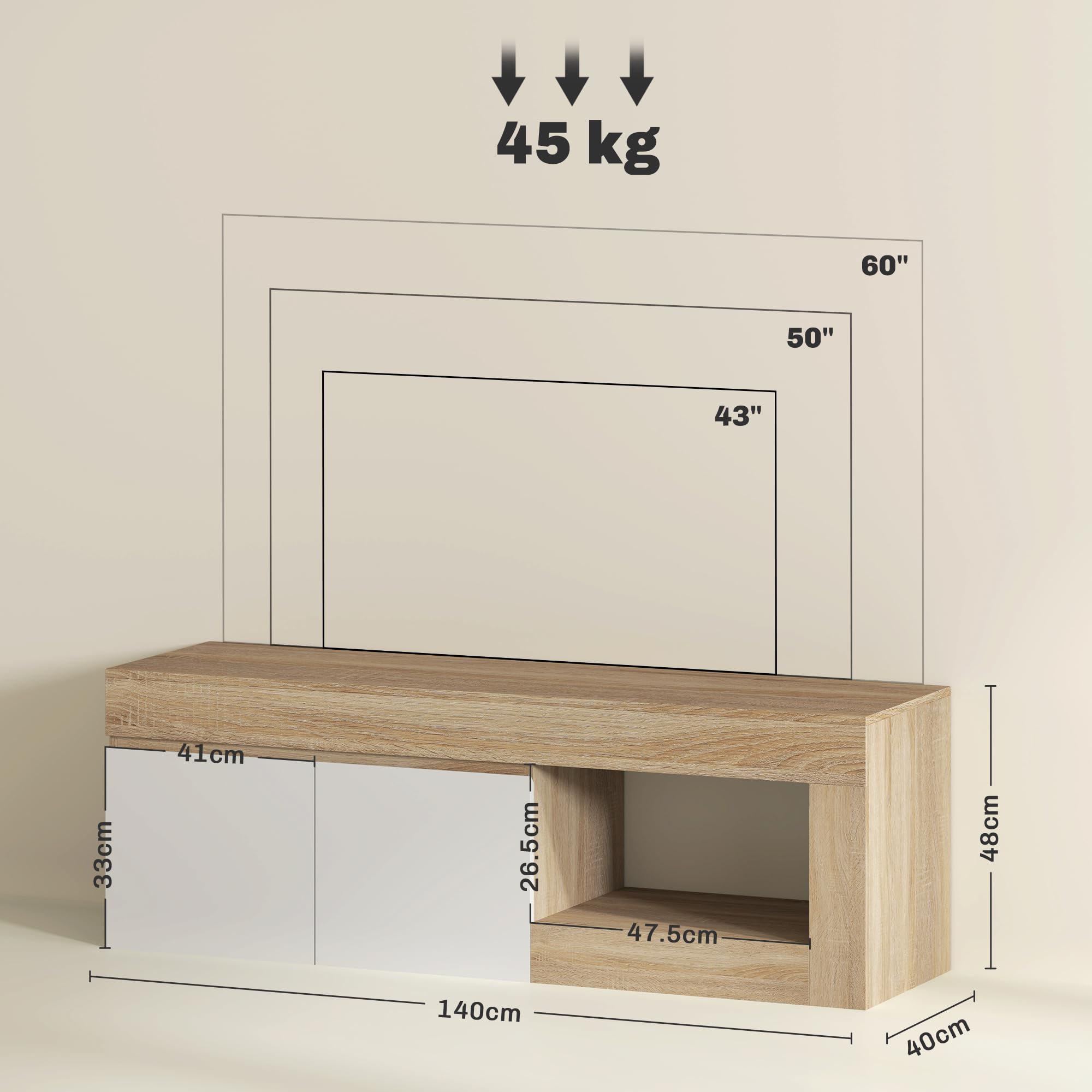 HOMCOM Mobile TV Fino a 60" Armadietto 140x40x48 cm Bianco e Color Legno | 2 Ante Soft Close, Ripiano Aperto, Soggiorno, Camera da Letto, Salotto