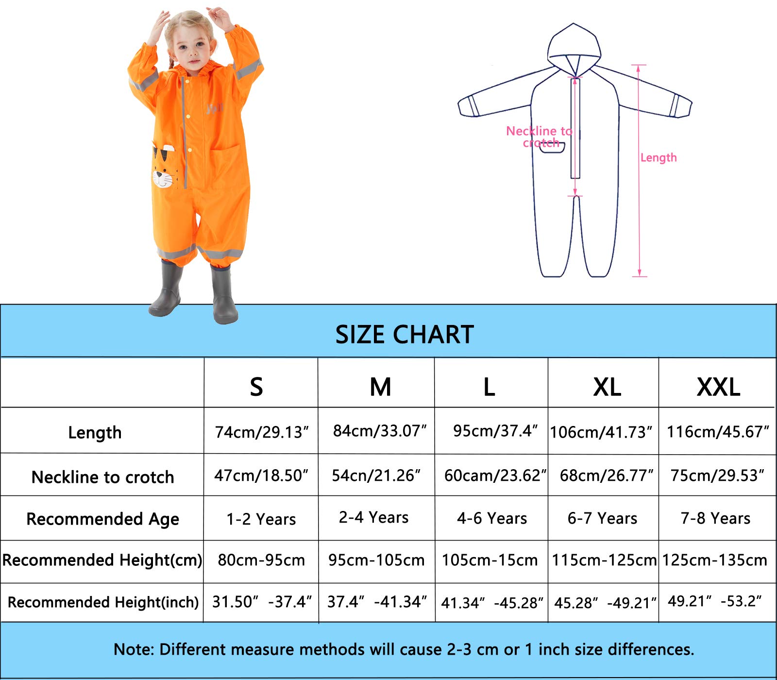 Regenmantel Kapuze Kinder Wasserdicht Leicht Regenanzug Einteilig | Mädchen Jungen Outdoor Regenoverall mit Transparenter Hutkrempe, Overall Regen, Regenjacken 1-8 Jahre, Wandern Matschoverall