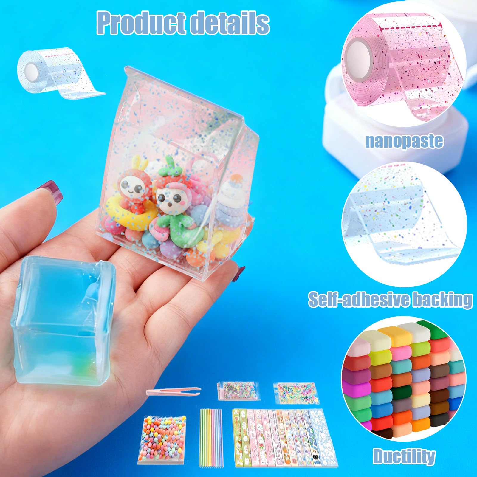Eowppue Nano Tape Craft Set including 2 Rolls, Balloon Pump, 48 Colours, Glitter, Beads & Decorative Stickers - Image 3