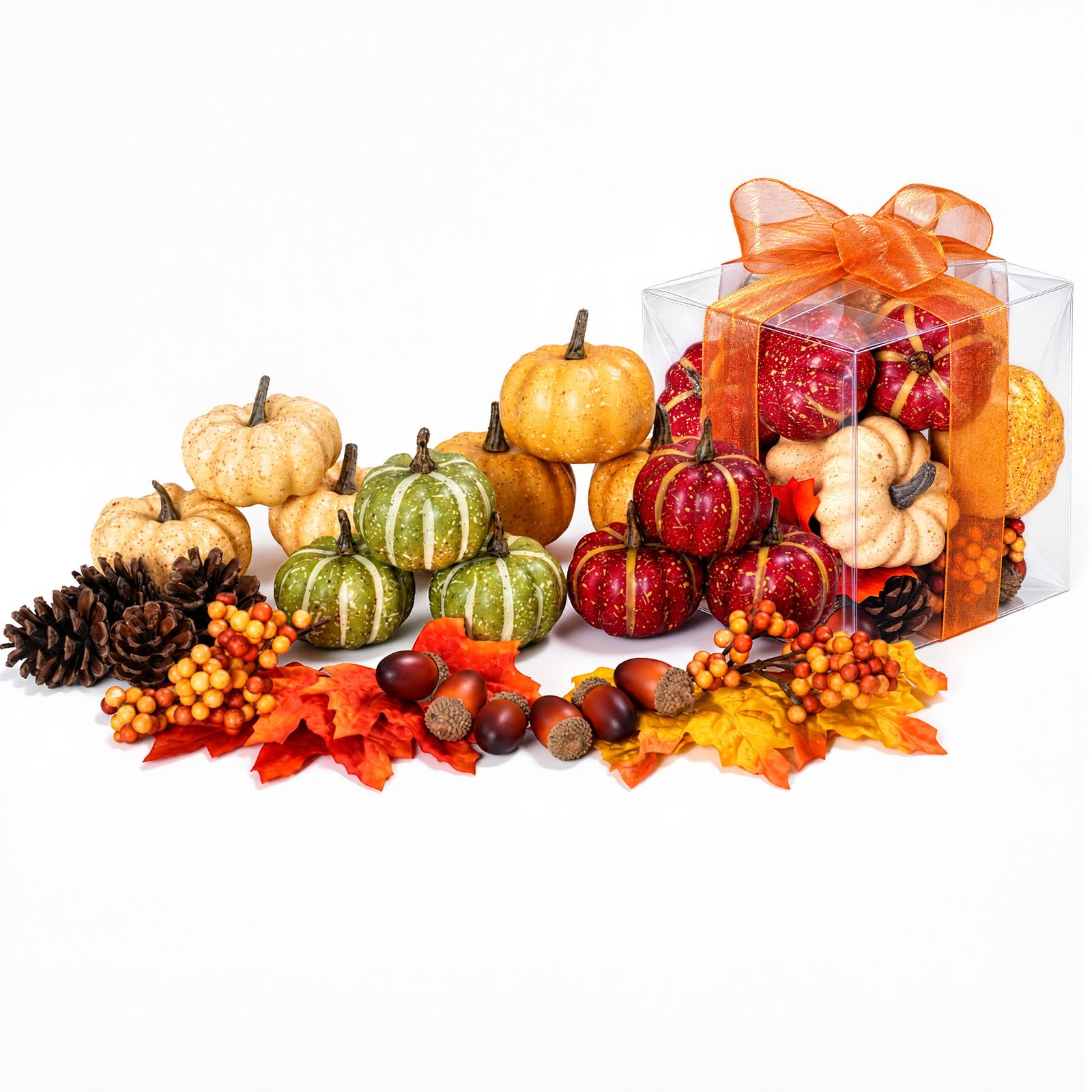 30Pcs Artificial Pumpkins Set, Assorted Fall Fake Pumpkins Acorns Pine Cones Berries Maple Leaves, Fall Decor for Halloween Thanksgiving Home Mantel Tabletop