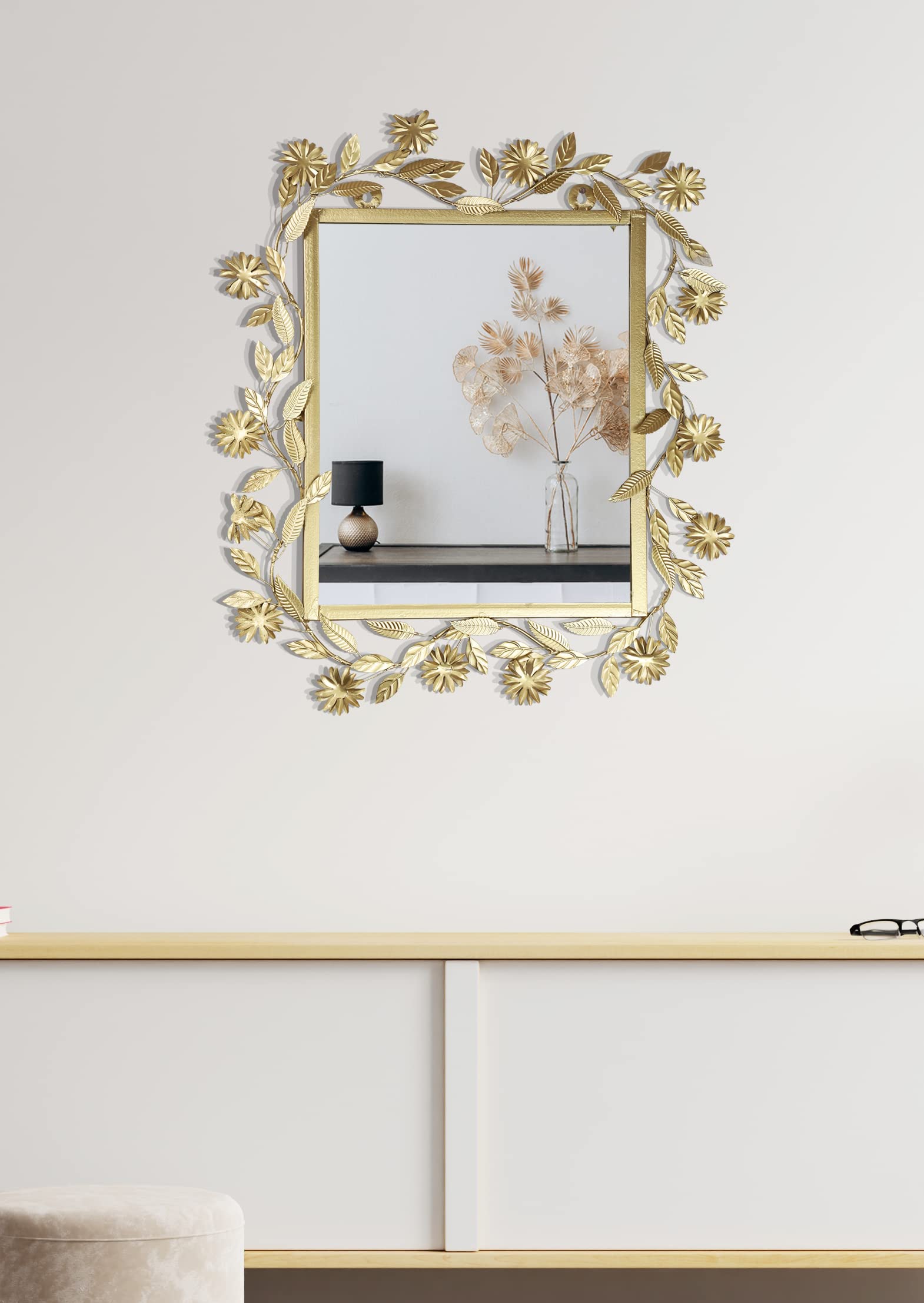 Spaziomaker Alloy iron Beautiful Vintage Designer Leaf rectangular Wall Mirror for home decor | living room, Ethnic,Lustrus, Royal and Traditional look 50cm X 46cm(MIR_100)