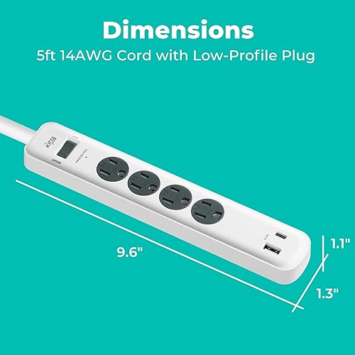 Miniatura 3 de KMC Regleta de alimentación con protector de sobretensiones de 4 tomas, 1 puerto USB-A y 1 puerto USB-C, protector contra sobretensiones 840J, cable