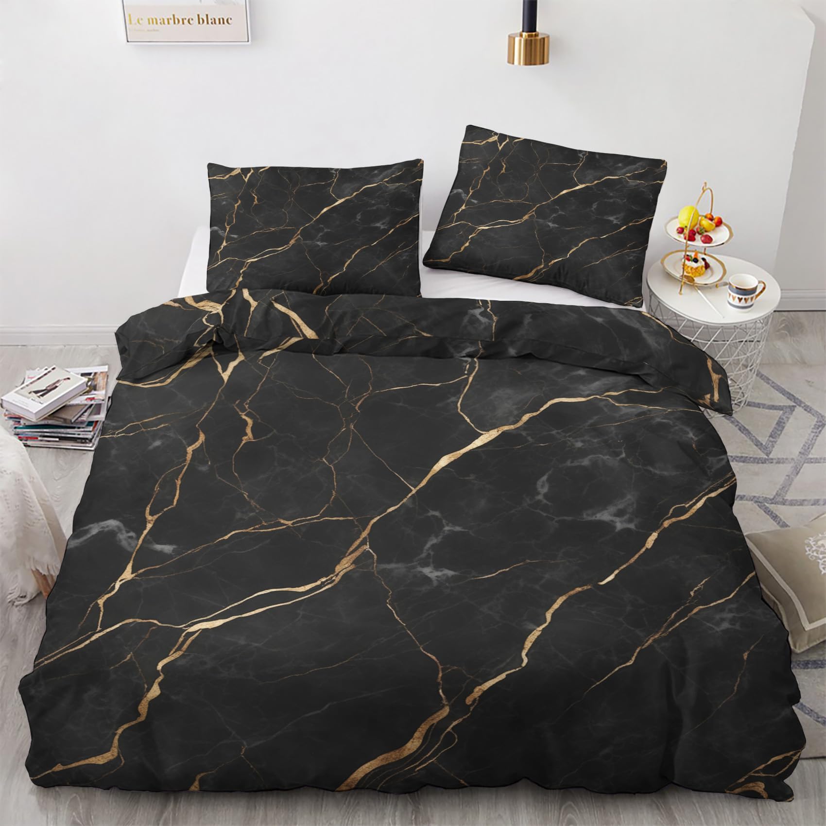 NOGAWA Abstract Marble King Size Duvet Cover Sets - Black Gold Bedding King - Reversible Quilt Cover & 2 Pillowcases with Zip and Ties, Ultra Soft and Non Iron Brushed Microfibre Bed Set