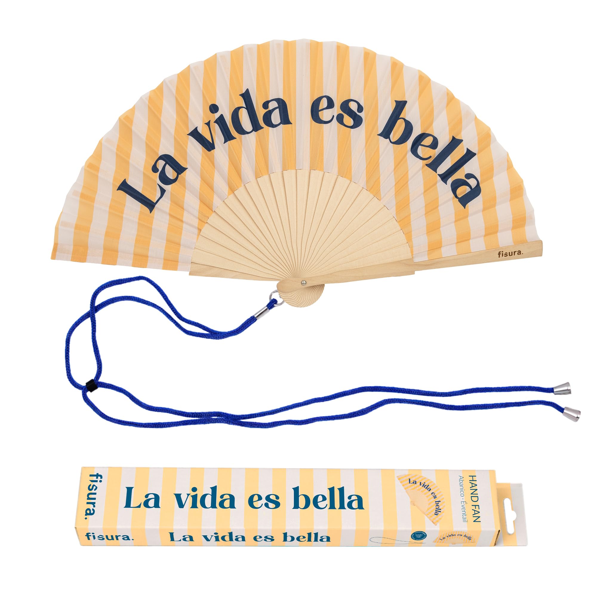 Fisura-Wachlarz drewniany z napisem “La vida es bella”, żółty wachlarz ręczny w paski z zawieszką, kolorowy dodatek na lato 42,5 x 23 cm