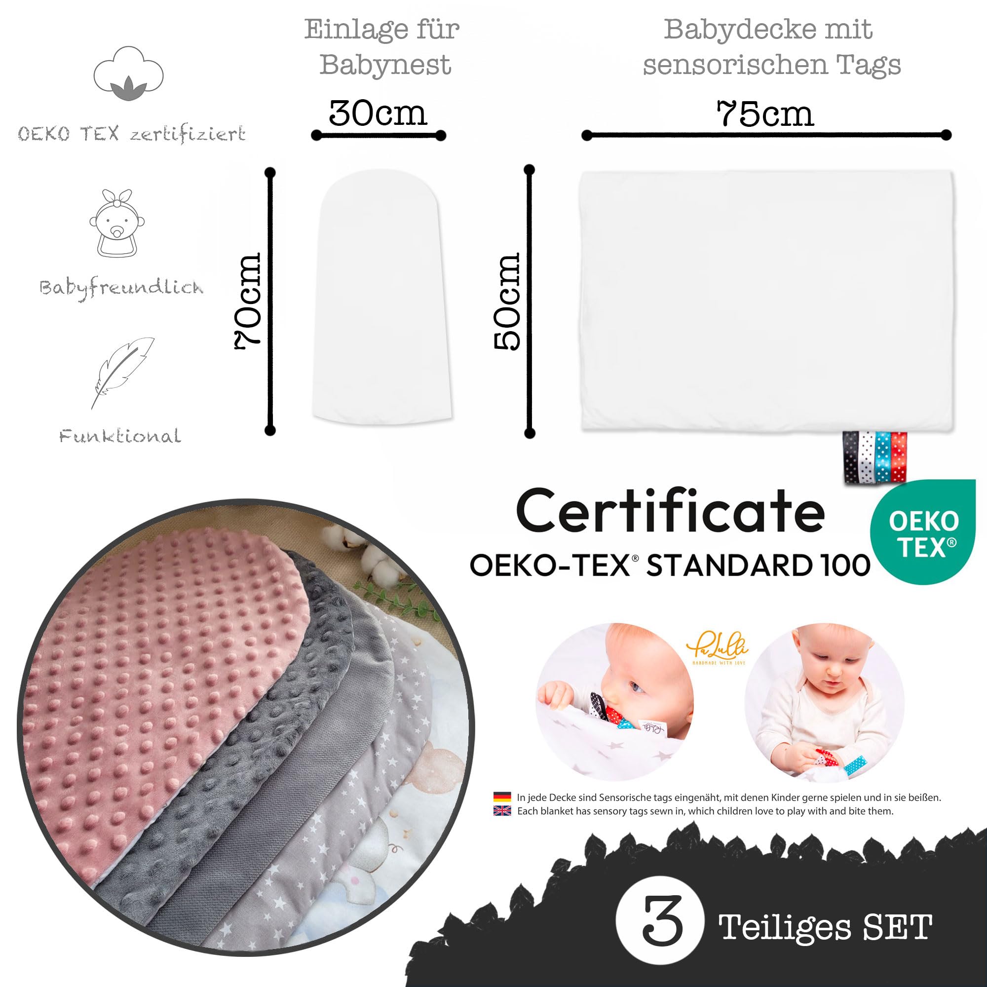 PaLulli 3-TLG Baby Ausstattung-Set Kuschelnest Babynest 95x55cm Baby-Matratze Kuscheldecke Babybett 100% Baumwolle Hypoallergisch Für 0-8 Monate