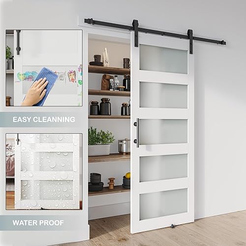 Miniatura 5 de ALAMEDADT Puerta de granero de vidrio de 34 x 84 pulgadas y kit de herrajes de 6 pies incluido, losa de puerta de granero blanco MDF con vidrio