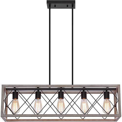Q&S Adjustable Rectangle Farmhouse Chandelier,ORB+Oak White Finish,5-Lights Vintage Rustic Island Light Fixtures for Kitchen Dining Room