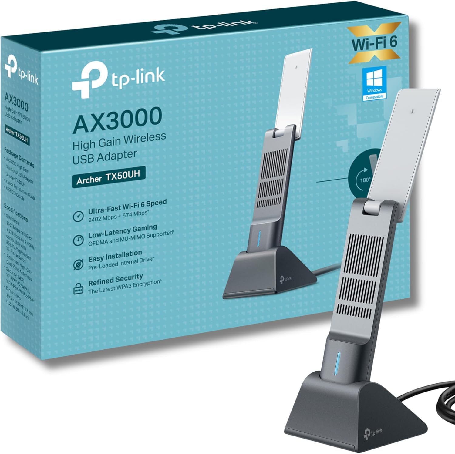 TP-Link AX3000 WiFi 6 USB Adapter for Desktop PC (Archer TX50UH) - Dual Band Wireless Network Adapter, Ultra-Low Latency, MU-MIMO, OFDMA, Refined Security, WPA3, Supports Windows 11/10
