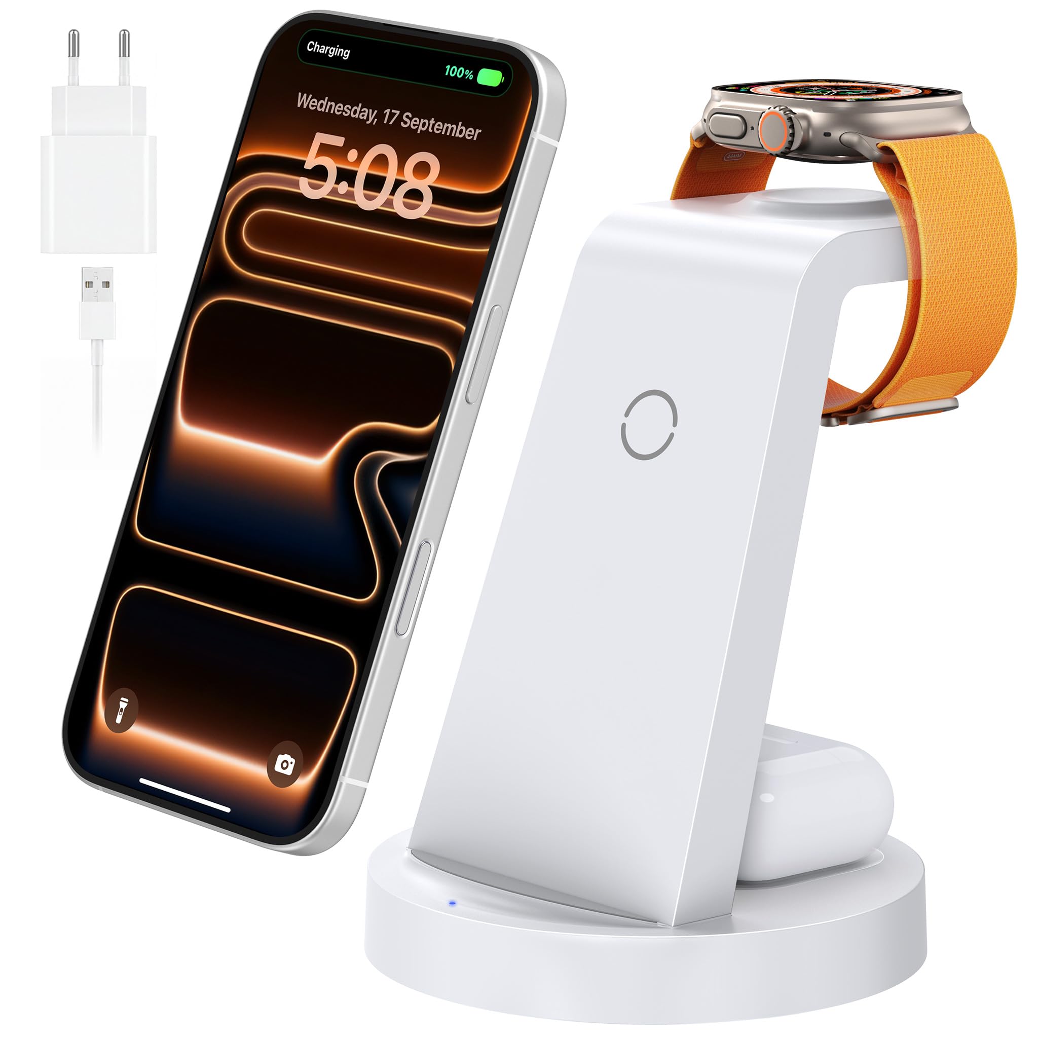 3 in 1 für iPhone Ladestation Schnelles Kabelloses Ladegerät - Wireless Charger für iPhone 17 Air 16e 16 15 14 13 12 11 X Pro Max & für Apple Watch und für Air Pods 4 3 2 Pro mit 18W Adapter (Blau)