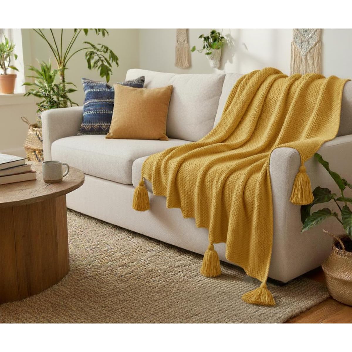 Decorative Sofa Throw Blanket with Tassel Fringe, Boho Style, Cream and Navy (Yellow, Tussle Throw)-image-6