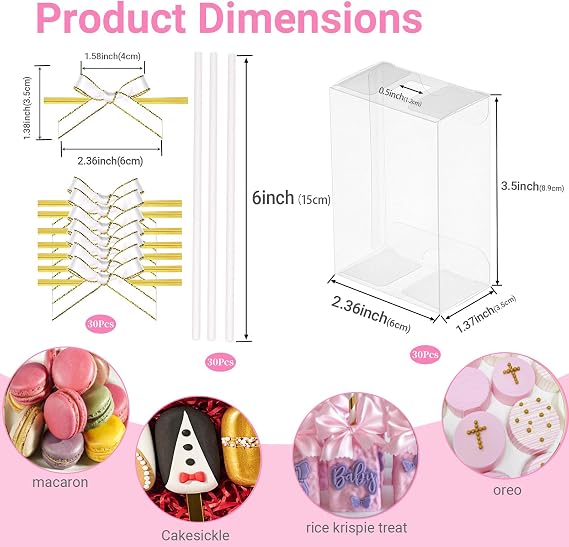 30Set Clear Rice Krispie Treat Boxes with Stick and White Tie & Clear Boxes White Stick White Ties for Cakesickle,Treat,Party Favors & 3.5x2.4x 1.38 Inches
